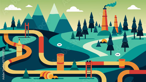 A maze of pipes and cables snaking through the landscape connecting to the drilling equipment as it explores for shale gas.. Vector illustration