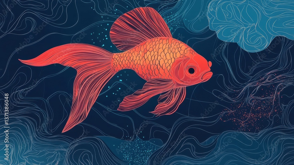 Fototapeta premium An orange goldfish gracefully swimming against a dark blue aquatic background