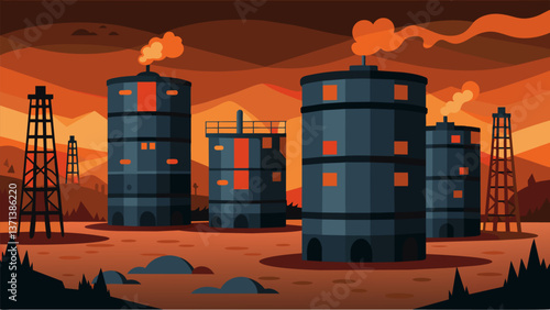 A complex of rusty steel silos each teeming with barrels of fossil fuel and emitting a faint scent of gasoline.. Vector illustration