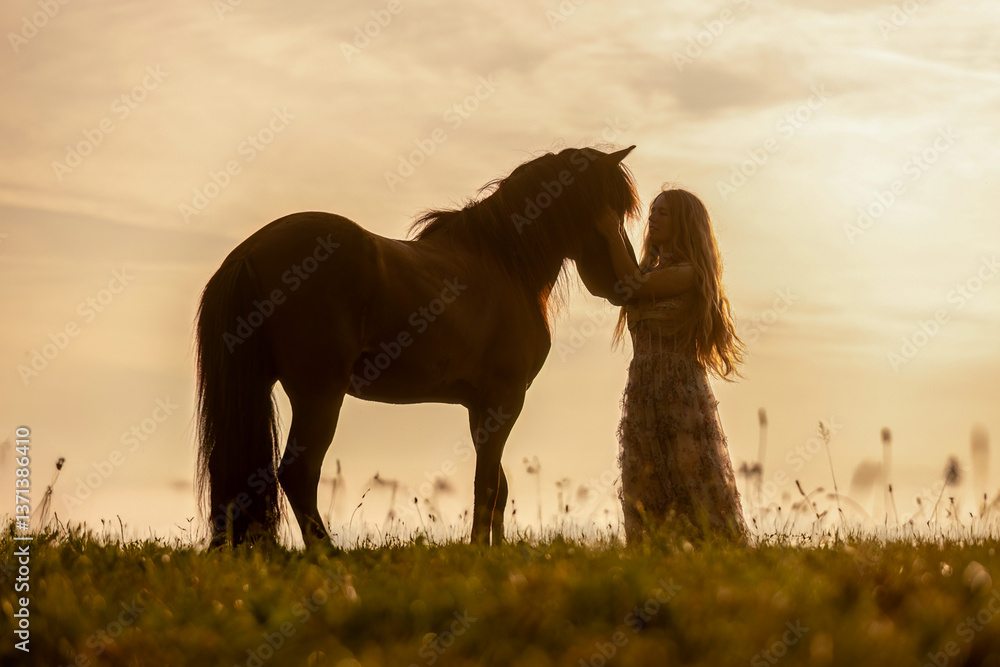 A female equestrian and her horse interacting together. Romantic freedom sunset scene