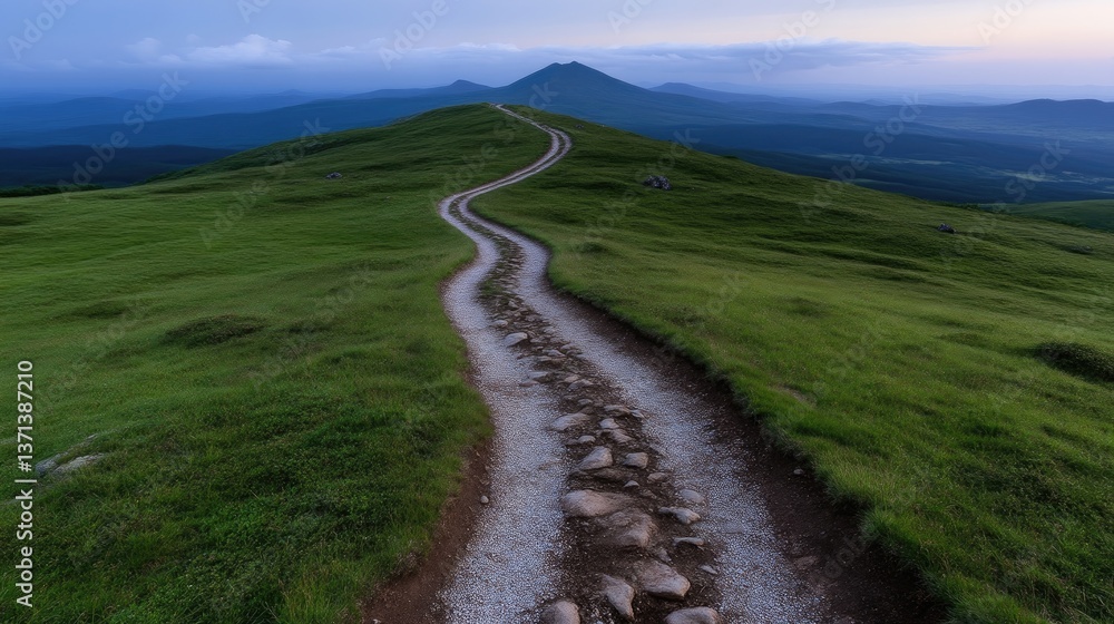 Winding path leading to a mountain peak, landscape Winding path leading to a mountain peak, landscape