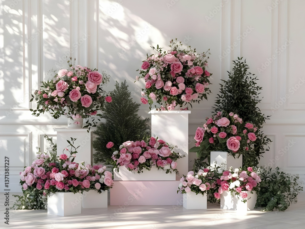 Floral Display of Pink Roses with White Vases on a Stage Photo Floral Display of Pink Roses with White Vases on a Stage Photo