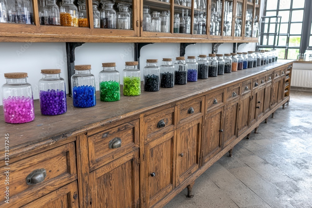 Fototapeta premium Glass Jars Filled with Colorful Beads Arranged on an Antique Wooden Cabinet