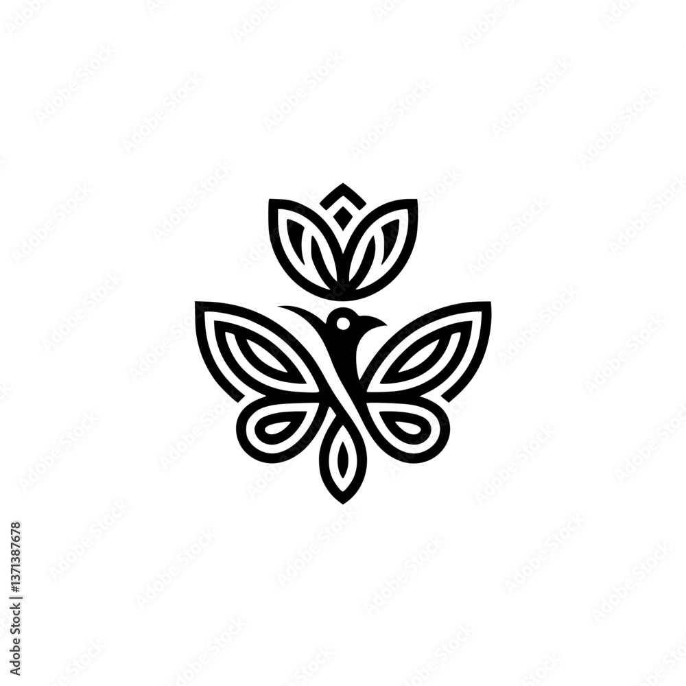 Fototapeta premium Minimalist Bird-Butterfly-Flower Logo Design, Black & White, Nature Symbol