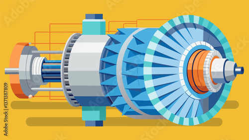 A closeup of a steam turbine with protective insulation covering the intricate pipes and valves.. Vector illustration