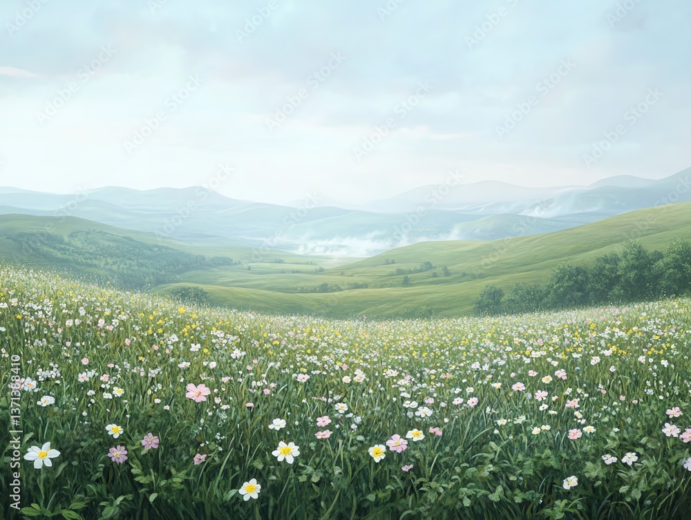 Obraz premium Idyllic Flower Meadow and Rolling Green Hills Landscape on a Foggy Morning