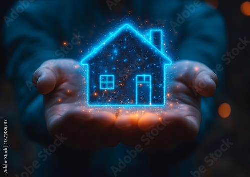 Hands holding glowing house icon