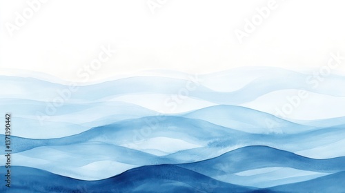 Blue watercolor mountainscape; serene landscape background for design