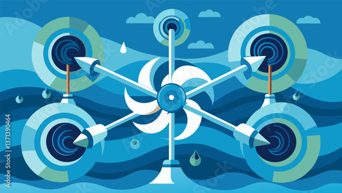 A complex network of underwater turbines constantly spinning and generating electricity from the force of the waves.. Vector illustration