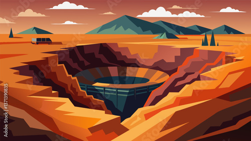 A deep gaping pit carved into the landscape as bauxite is scooped out of the ground in massive quantities.. Vector illustration