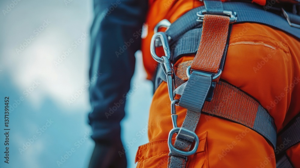Worker in safety harness on high place with cloudy sky background Worker in safety harness on high place with cloudy sky background