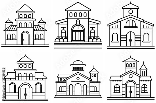 Railway Station Outline Coloring Book Page Line Art Drawing Set on White Background