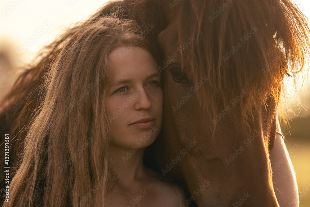 A female equestrian and her horse interacting together. Romantic freedom sunset scene