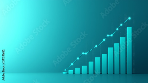 Minimalist business growth concept with rising bar chart and line graph with glowing markers on teal background with empty  space