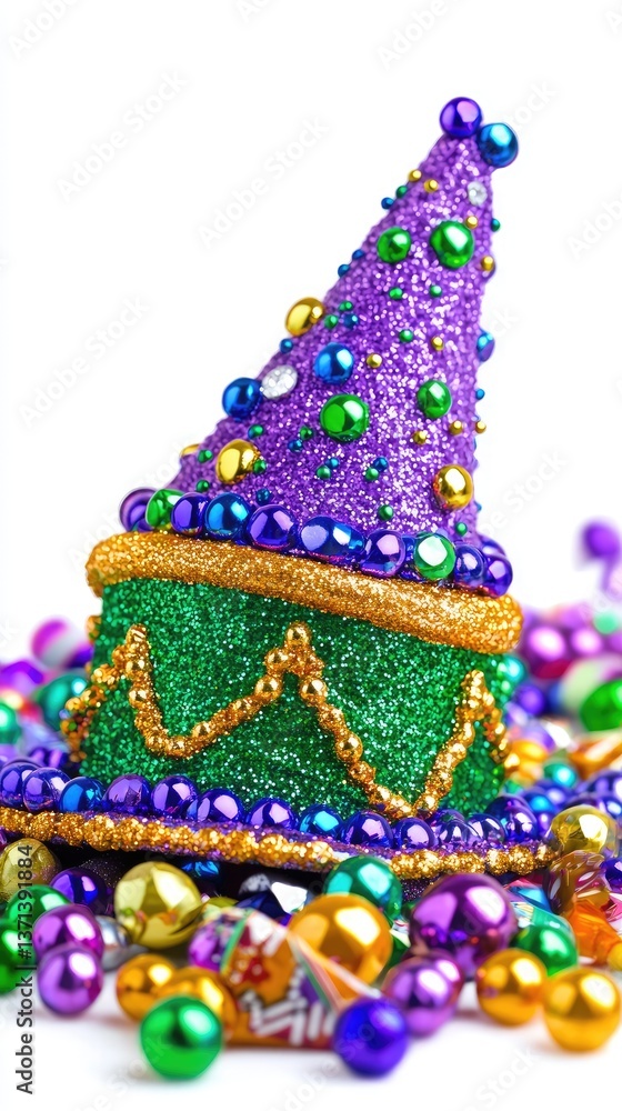 Mardi Gras hat, colorful beads, festive celebration, party supplies Mardi Gras hat, colorful beads, festive celebration, party supplies