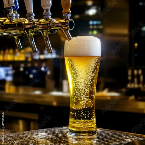 Photo Beer Pouring Into A Glass With Golden Liquid And White Foam In Bar