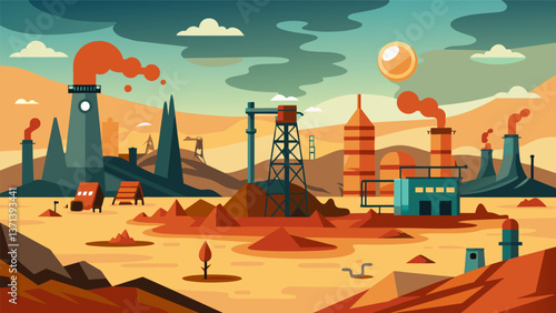 A desolate barren wasteland transforming into an industrial hub as the demand for oil continues to grow.. Vector illustration
