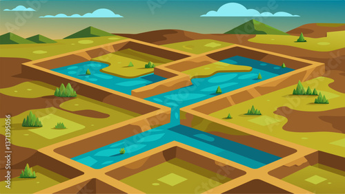 A birdseye view of a vast drained peatland with crisscrossed ditches covering the area like a giant game board.. Vector illustration