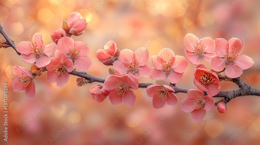 Obraz premium Pink Cherry Blossoms on Branch with Soft Bokeh Background