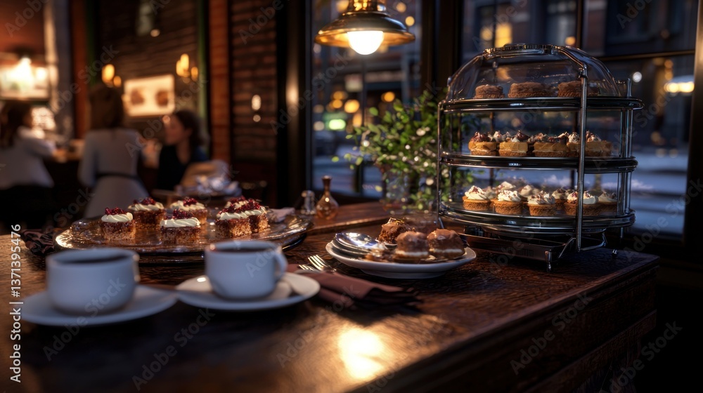 Cozy caf? scene featuring delectable pastries and coffee, with patrons enjoying the ambiance Cozy caf? scene featuring delectable pastries and coffee, with patrons enjoying the ambiance