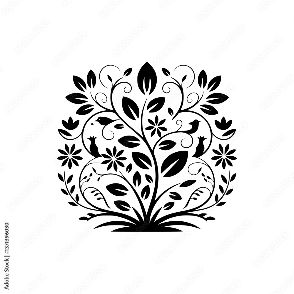 Elegant Black & White Floral Ornament: Bird and Leaf Design Elegant Black & White Floral Ornament: Bird and Leaf Design