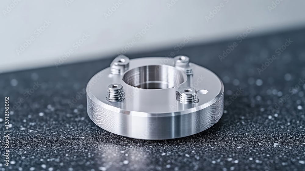 Metal flange with screws, polished steel, precision engineering, close-up view, industrial part, manufacturing process, dark background, cool tones, industrial design Metal flange with screws, polished steel, precision engineering, close-up view, industrial part, manufacturing process, dark background, cool tones, industrial design