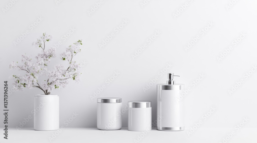 White containers blossom minimalist design mockup horizontal neutral background clean spa setting White containers blossom minimalist design mockup horizontal neutral background clean spa setting