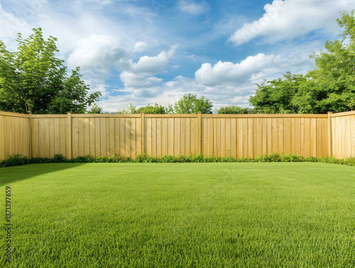 Photo Of Green Grass And Wooden Fence Under A Blue Sky With Clouds