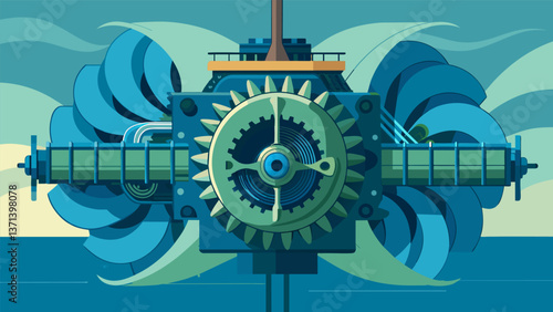 A detailed closeup of a tidal energy converter showcasing the intricate design and engineering that goes into harnessing the immense power of the. Vector illustration