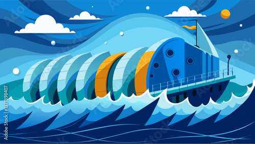 A massive wave breaker featuring integrated wave energy converters providing both protection against storm surges and sustainable power generation.. Vector illustration