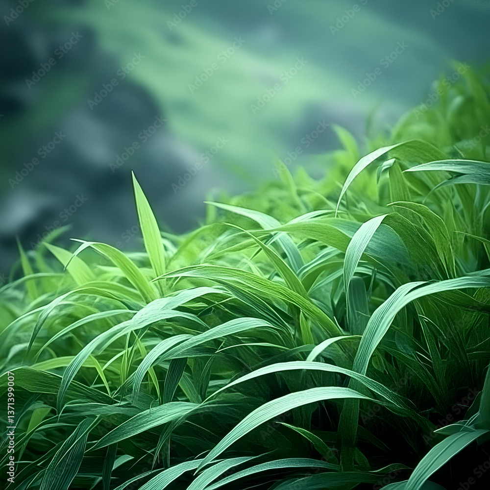 Obraz premium Photo of Lush Green Grass and Leaves with Soft Focus Abstract Backdrop