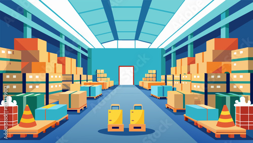 A large warehouse filled with pallets of finished products each one wrapped and ready for shipment to various retailers around the world.. Vector illustration