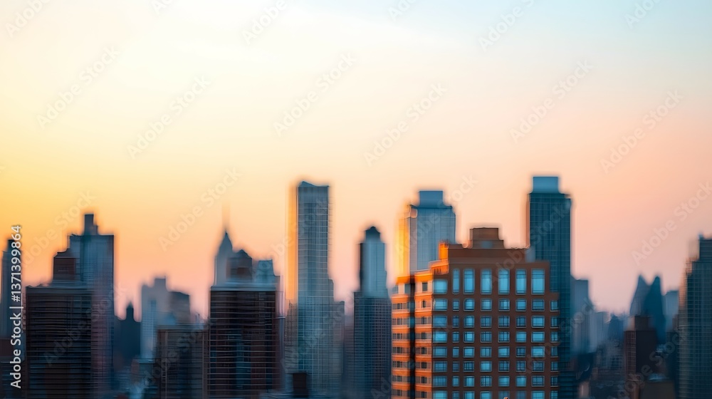 Obraz premium A blurred image of a cityscape against a sunset sky