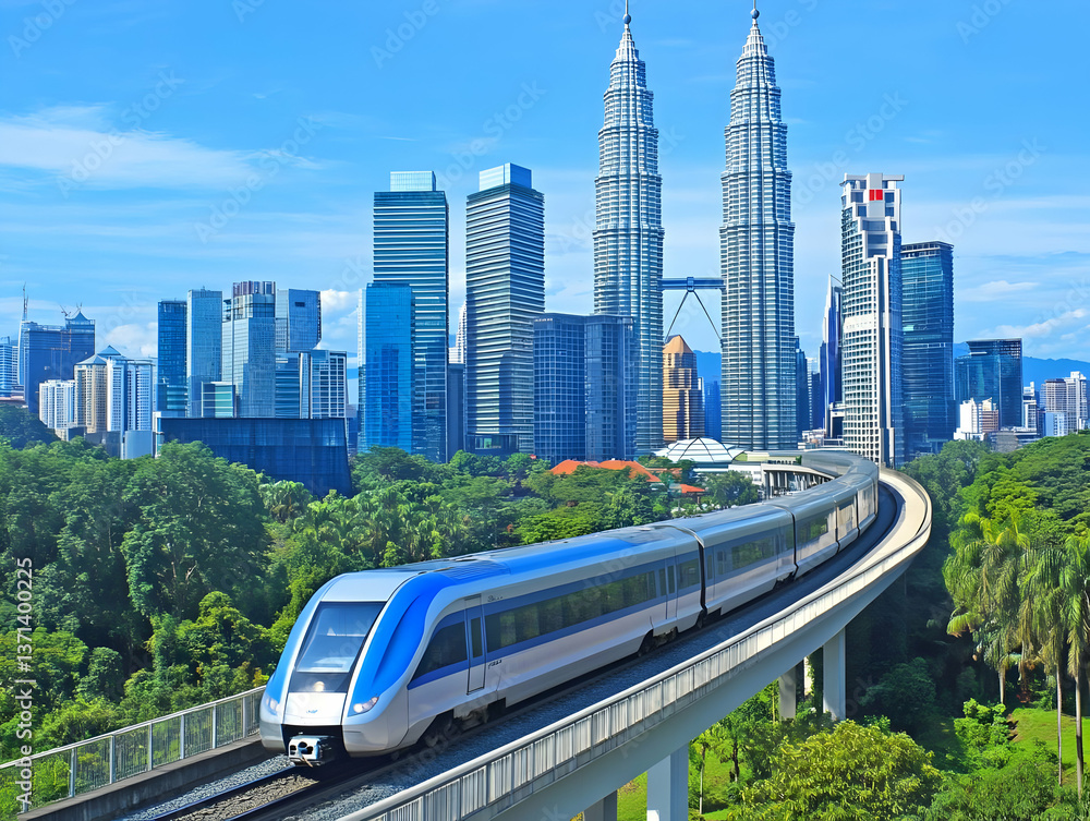 Naklejka premium Photo Of Modern Train Traveling Through Kuala Lumpur Cityscape During Daytime
