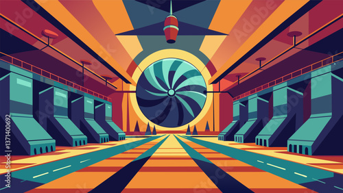 A massive turbine hall with gigantic propellers spinning at unbelievable speeds.. Vector illustration