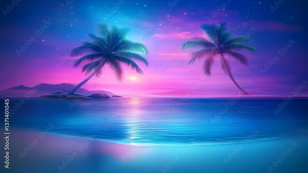 Obraz premium Photo of Palm Trees Silhouettes against a Colorful Sunset at the Beach