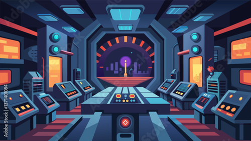A maze of futuristiclooking control rooms filled with flashing lights and gauges.. Vector illustration