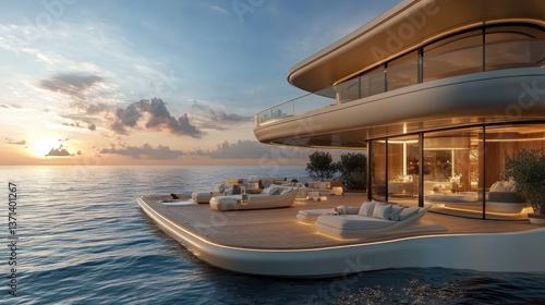 Luxury yacht floating home at sunset over the sea