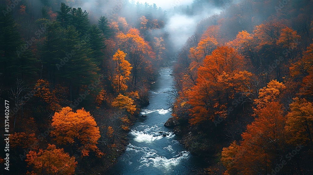 Fototapeta premium Serene River Flowing Through Autumn Forest with Colorful Foliage and Misty Air, Capturing Nature's Beauty.