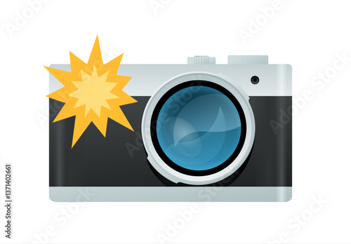 Camera with flash light vector isolated icon. Photo camera emoji illustration. Camera icons, 10 eps.