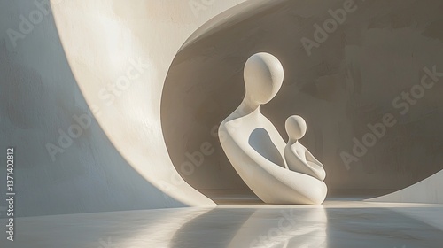 Abstract Sculpture of Mother and Child in Modern Minimalist Space