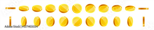 Set of rotating gold coins isolated on a white background. Set of icons of gold coins rotating in different angles for animation. Set of gold coins. Vector 10 eps.