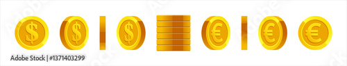 Set of rotating gold coins isolated on a white background. Set of icons of gold coins rotating in different angles for animation. Set of gold coins. Dollars. Vector 10 eps.