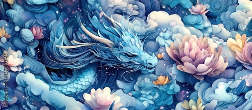 Azure Dragon Amidst Clouds and Flowers