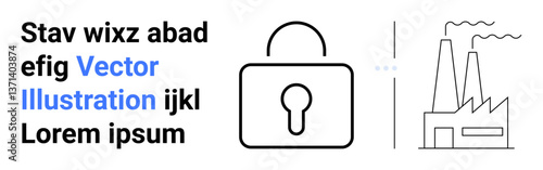 Lock with keyhole alongside factory outline emitting smoke. Ideal for security, industrial safety, data protection, privacy, cybersecurity, compliance, simple landing page