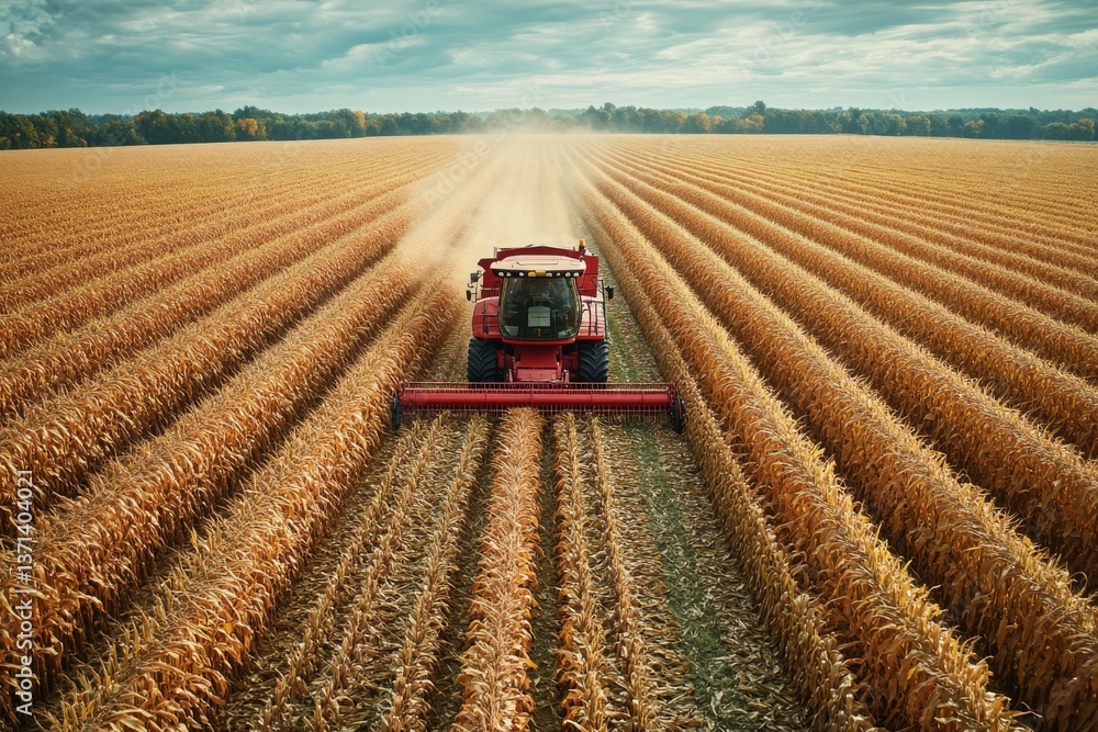 Fototapeta premium Robotic harvesters efficiently gather corn in expansive fields under a partly cloudy sky, showcasing advanced agricultural technology in action Generative AI