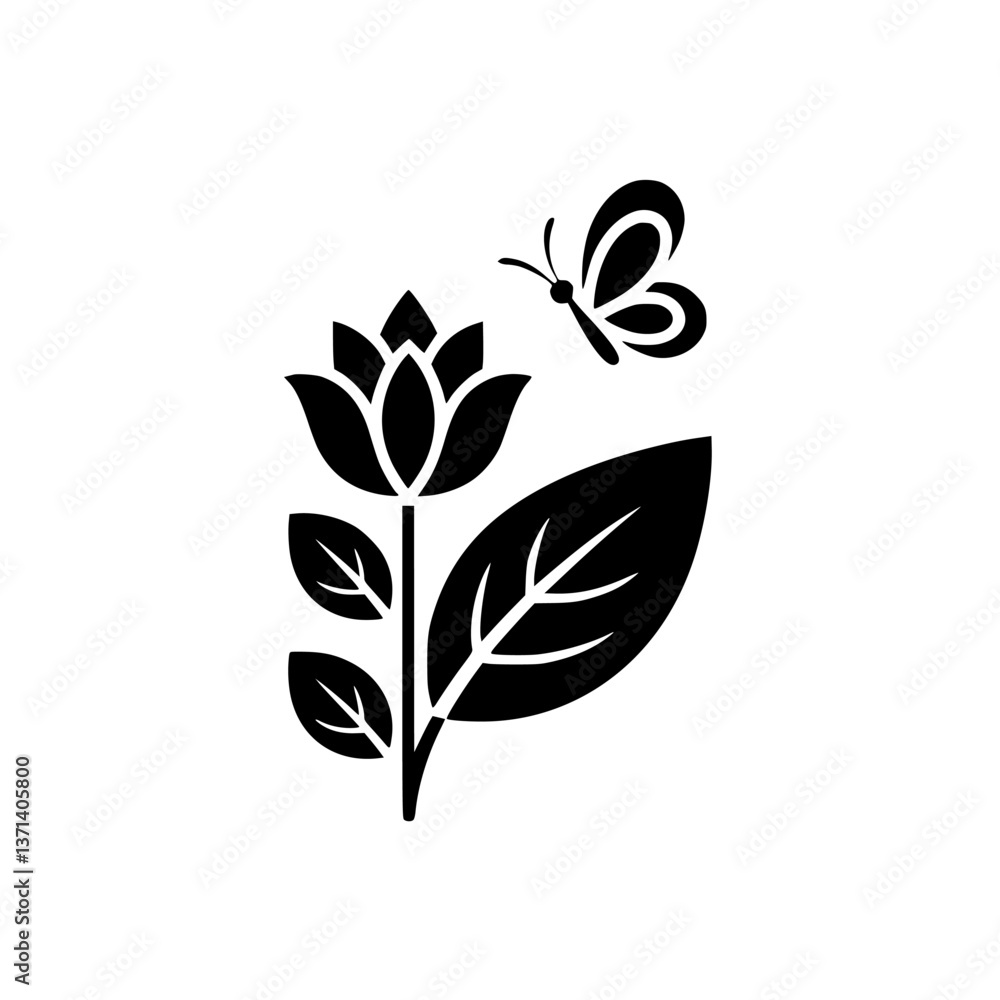 Obraz premium Elegant Black and White Flower with Butterfly Icon