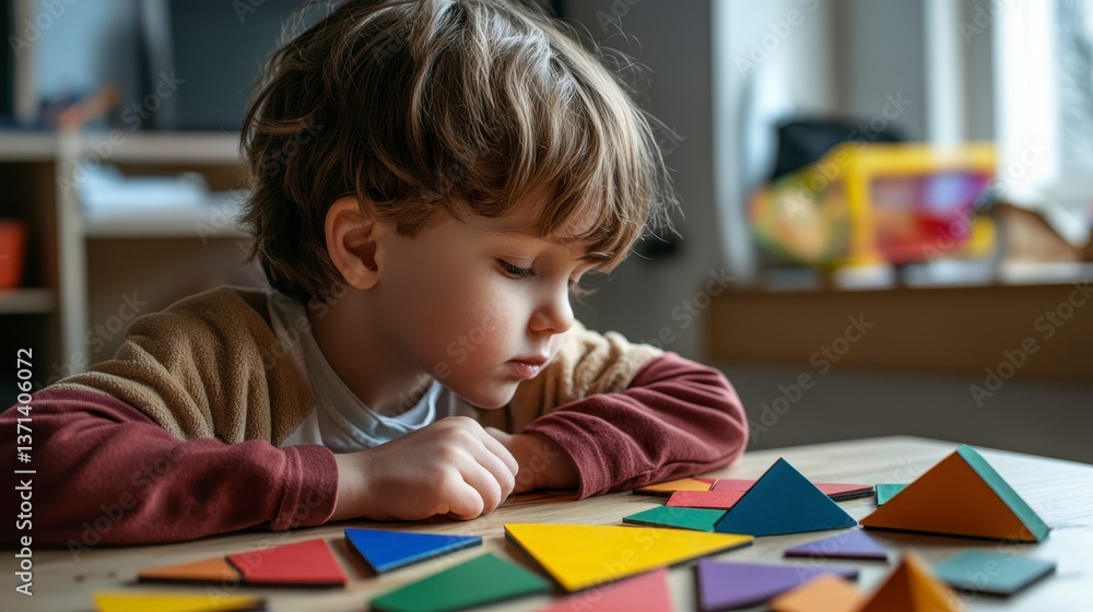 Concentrated Young Boy Playing with Colorful Shape Puzzles Concentrated Young Boy Playing with Colorful Shape Puzzles