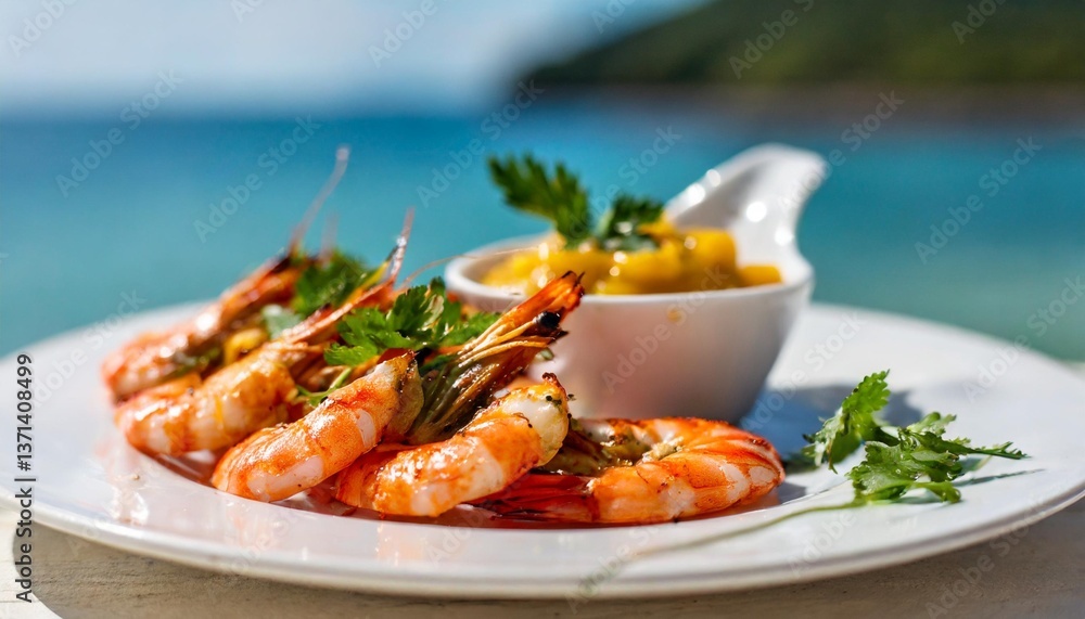 Freshly Grilled Shrimp with Mango Chutney Shot Sideways on White Plate in Bright Tropical Coastal Sunlight Freshly Grilled Shrimp with Mango Chutney Shot Sideways on White Plate in Bright Tropical Coastal Sunlight