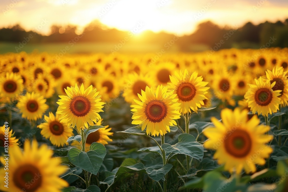 Fototapeta premium Golden hour casts a warm glow over a sprawling field of sunflowers, their bright yellow petals reaching toward the sun with a picturesque view of the horizon Generative AI